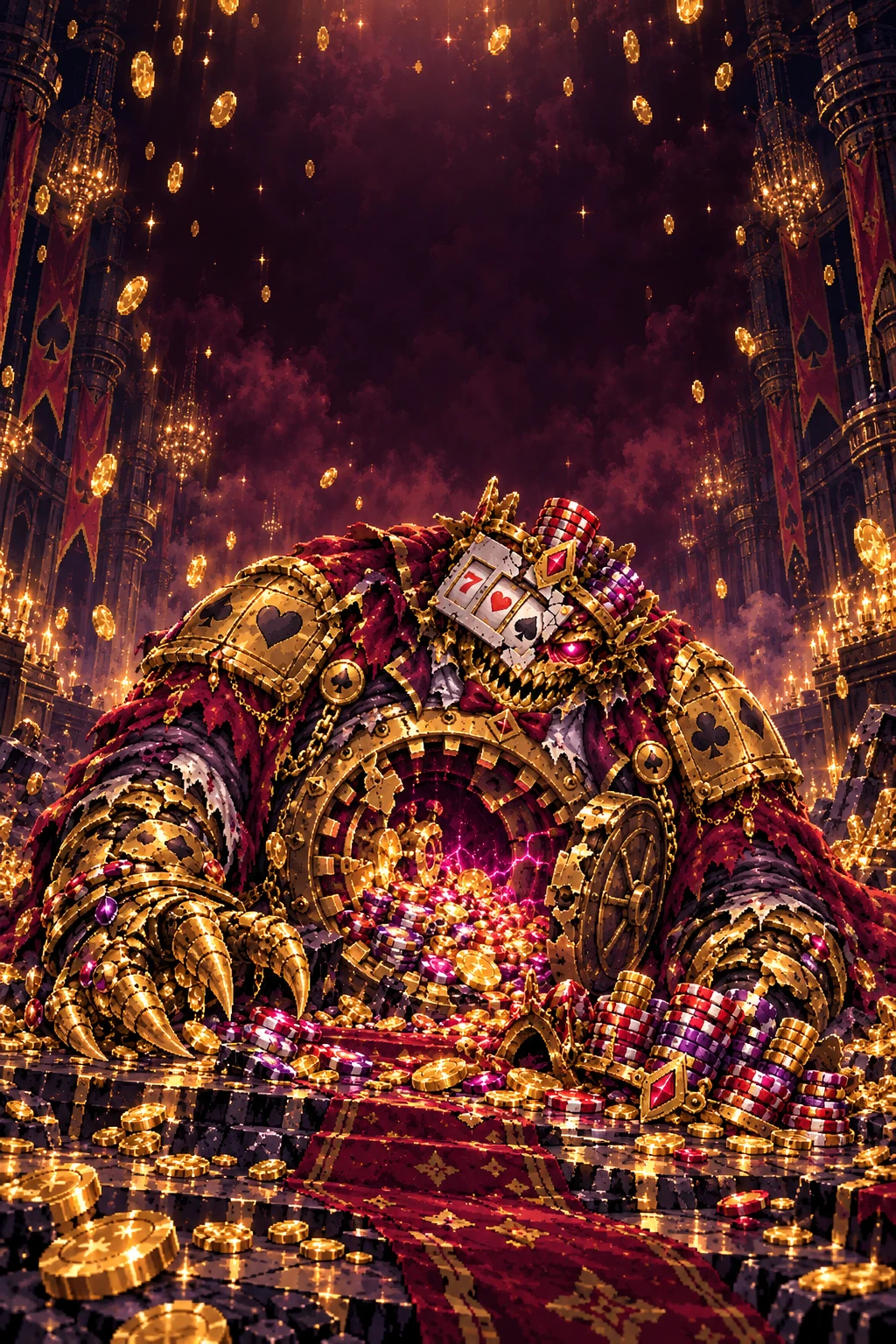 Defeated Greed surrounded by spilled coins